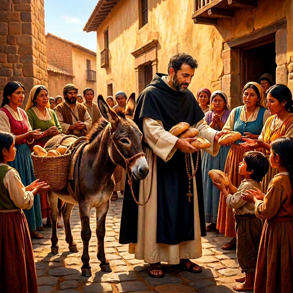 A friar distributes bread to villagers beside a donkey in a medieval village.