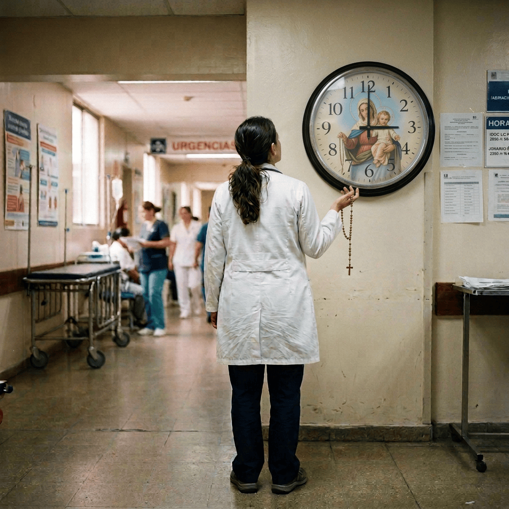 Healthcare worker holding a rosary in a hospital emergency corridor