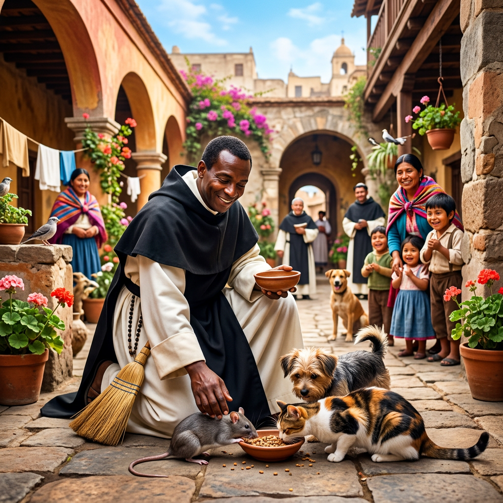 Friar feeding a mouse and cat beside a bowl of food